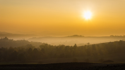 Golden hour in the Monferrato hills in autumn (Piedmont, Italy). Peaceful sight