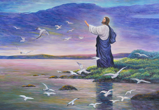 Jesus feeds birds, original oil painting on canvas