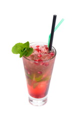 drink with pomegranate seeds and mint ice on white background