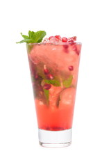 drink with pomegranate seeds and mint ice on white background