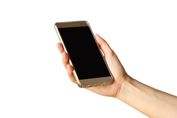 woman hand hold smartphone, tablet,cell phone on white background