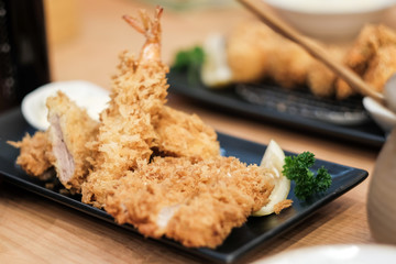 fried pork and fried shrimp mixed of japanese food ,tonkatsu