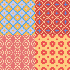 Set of abstract geometric patterns with oriental elements. Vector seamless textures.