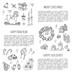 Hand drawn sketchy Merry Christmas symbols set. Doodle vector illustration elements: Candles, gift boxes, wreath, christmas tree, candy, canes, bells, Happy Holidays! Xmas! Happy New year! Holly Jolly