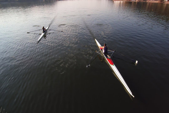 Canoe kayak Scull rowing team training. Aerial view, 