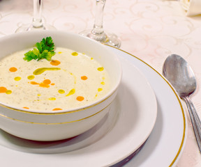 Vegetable cream soup in white bowl - Old classic style