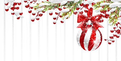 Christmas background with fir branches and red ball