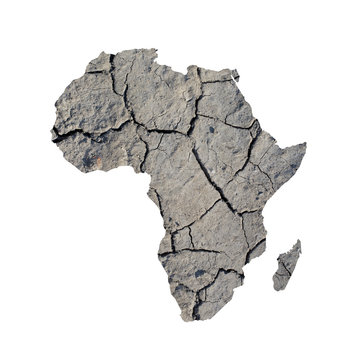 Silhouette of Africa. Map is fulfilled with image of dry land. Metaphor of catastrophic climate changes in area - droughts, dryland, desertification, degradation of arid soil