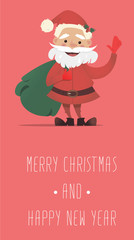 Cute Santa Claus with a bag of gifts waving. Vector Christmas illustration. New Year's banner. Bright cheerful Christmas character in the flat style
