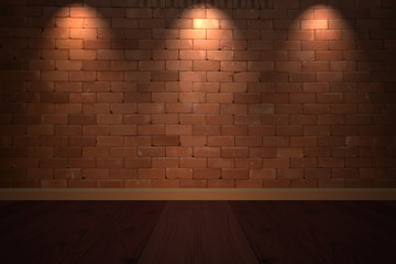 interior room with brick wall and three light spots