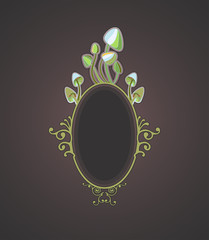 Vignette for the book on poisonous mushrooms. Oval frame, grebes group and stylized mycelium. Ornament with curls.