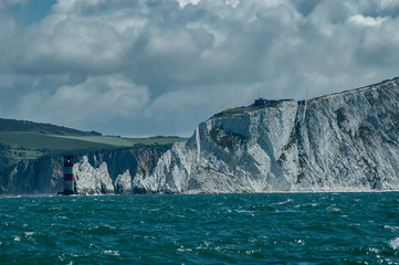 The Needles and lighthouse at the Southwest entrance to The Solent at the Isle of Wight.