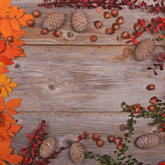 Autumn leaves cones and acorn wooden background - Flat lay of Au