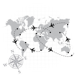 World map with airplanes