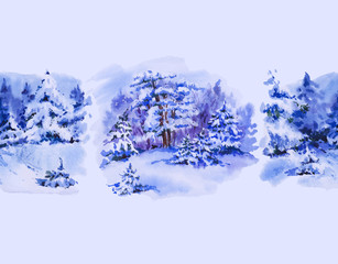 Watercolor seamless border with winter landscape