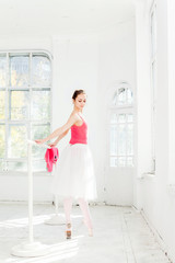 Fototapeta na wymiar Ballerina posing in pointe shoes at white wooden pavilion