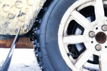 Car wheels with spikes for racing on ice.