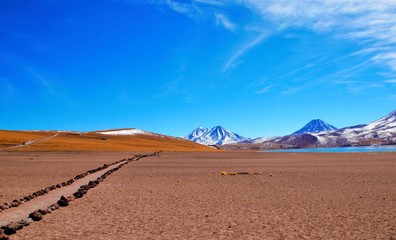 Panoramic view of the Laguna Altiplanica which is a high plateau Lagoon in the area of San Pedro de Atacama in Chile, South America