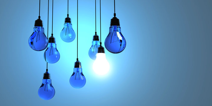 Idea concept, Hanging light bulbs with glowing one isolated on dark blue background.3d rendering 