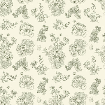 Seamless floral pattern raspberries, peony. Hand drawn illustration fabric, wrapping