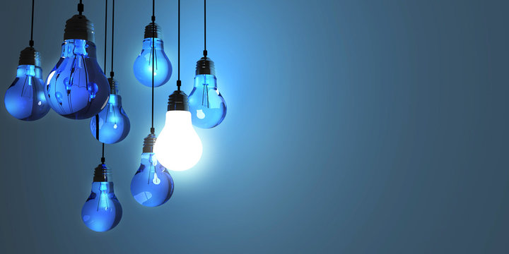 Idea concept, Hanging light bulbs with glowing one isolated on dark blue background.3d rendering 