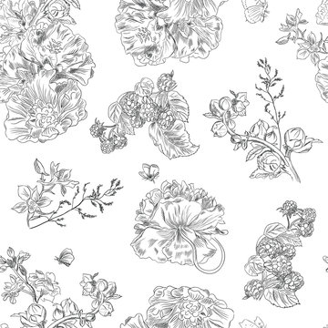 Seamless floral pattern raspberries, peony. Hand drawn illustration fabric, wrapping