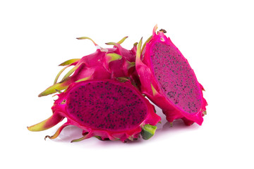 Sliced red dragon fruit isolated on white background.