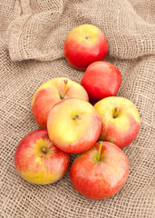 Apples on burlap bag.