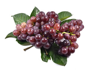 Ripe red grapes with leaves isolated. on the white background.