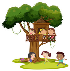 Many kids playing in the treehouse