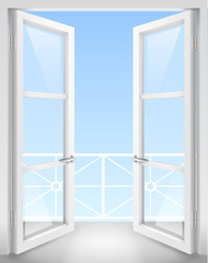 White Classic wooden open doors with transparent glass. Vector graphics
