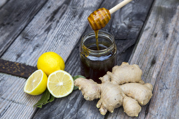 Ginger,lemon,honey , fresh and healthy food products, concept for natural medicine.