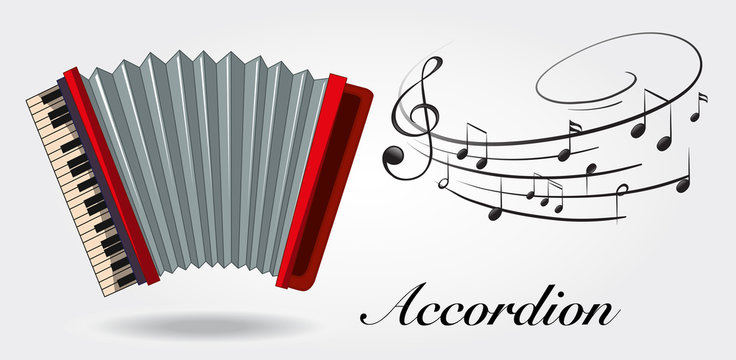Accordion and music notes on white background