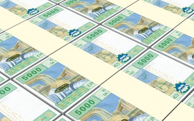Central African CFA franc bills stacked background. 3D illustration.