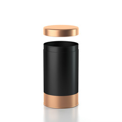 Black aluminum Can mockup with open gold lid. Canned packaging for tea, coffee, gift box. 3d rendering