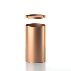 Aluminum Tin Can with open lid. Canned packaging for tea, coffee, oil, gift box. 3d rendering