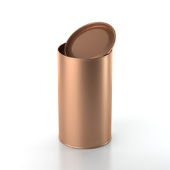Aluminum Tin Can with open lid. Canned packaging for tea, coffee, oil, gift box. 3d rendering
