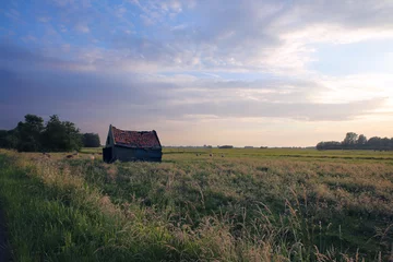 Foto auf Leinwand Wiese mit baufälligem Haus und blauem Himmel © schermpeter