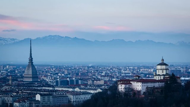Turin Torino timelapse at sunset with Mole Antonelliana and Cappuccini