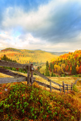 Fototapeta na wymiar Colorful autumn landscape scene with fence in Transylvania