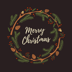 Christmas hand drawn wreath with cones. Greeting wreaths with calligraphy. Christmas decorations and elements.