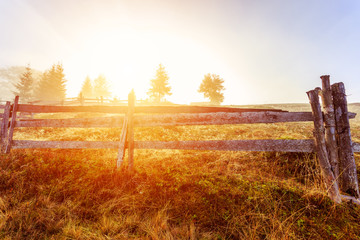 Colorful autumn landscape scene with fence in Transylvania