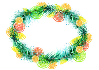Christmas, Christmas wreath frame made of fir, pine branches citrus, slices of orange, lemon, grapefruit, lime. Made with watercolors on an isolated white background. Used for  festive decoration