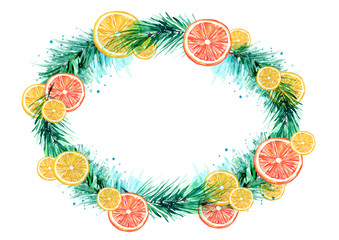 Christmas, Christmas wreath frame made of fir, pine branches citrus, slices of orange, lemon, grapefruit, lime. Made with watercolors on an isolated white background. Used for  festive decoration