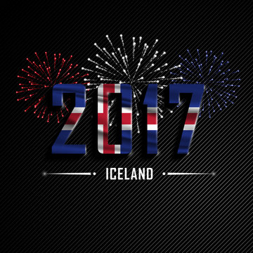 Happy New Year and Merry Christmas. Wavy flag of Iceland. Colorful fireworks on the black background. Beautifully decorated congratulations country.Merry Christmas greeting. Holiday card, banner.