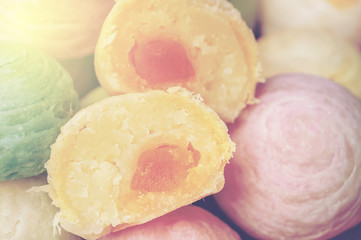 Chinese dessert called 'Pia',ancient dessert Made from flour to Baking heat Mashed golden beans stuffed with salted egg yolk,Chinese pastry, Traditional delicious cake in asia,pastel color