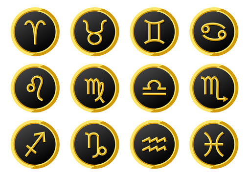 golden zodiac symbols on golden ring frame , set of flat zodiac signs