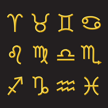 golden zodiac symbols on black background, set of zodiac signs