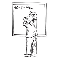Boy write on school board, hand drawn doodle, sketch in pop art style, vector