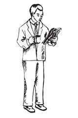 Businessman reading newspaper and drinking coffee, hand drawn doodle, sketch in pop art style, vector